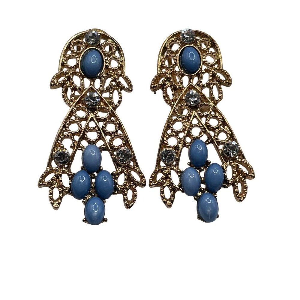 Gold Tone Blue Bead Clear Rhinestone Open Work Drop Dangle Pierced Earrings